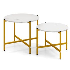 Round Coffee Table Set of 2 with Heavy-Duty Metal Frame (Color: White)