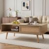 41.3 Inch Rattan Coffee Table with Sliding Storage Door, Rectangle Wooden Accent Center Sofa Table with Solid Wood Legs,Suitable for Living Room