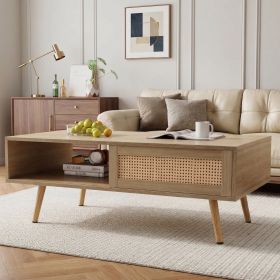 41.3 Inch Rattan Coffee Table with Sliding Storage Door, Rectangle Wooden Accent Center Sofa Table with Solid Wood Legs,Suitable for Living Room (Pack Size: 1 Pack)