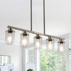 37" Brushed Nickel 5-Light Chandelier - Contemporary Kitchen Island Pendant Light with Clear Glass Shades for Dining Room, Farmhouse (Color: Chrome, Material: Iron)