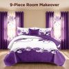 Purple White Gardenia 9 Piece Bedding Set, Washed Microfiber Bedspread with Matching Curtains and Pillowcases, Queen King Cal King