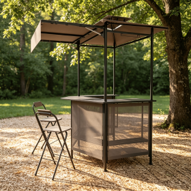 BBQ Gazebo Canopy with 4 Slatted Metal Shelves Outdoor Kitchen Island with 6 Hanging Hooks And 2-Row Glass Holders for Patio (Color: Brown)