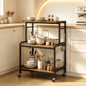 3-Tier Rolling Microwave Cart Kitchen Storage Organizer with Power Outlet Lockable Wheels And 10 Hooks for Kitchen (Color: Rustic Brown & Black)