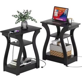 3-Tier Nightstand with Charging Station, Modern Bedside Table with USB Ports And Outlets, Slim End Table for Bedroom, Small Apartment, Dorm Room (Color: Black/2P)