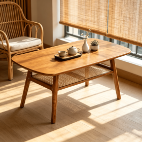 2-Tier Boho Rattan Coffee Table with Rounded Corners Natural Wicker Living Room End Table with Storage for Books And Remotes (Color: walnut)