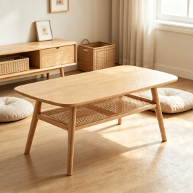2-Tier Boho Rattan Coffee Table with Rounded Corners Natural Wicker Living Room End Table with Storage for Books And Remotes (Color: Natural)