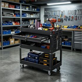 3 Tier Rolling Tool Cart Garage Workshop Lockable Drawer Storage Organizer Metal Wheels for Easy Transport (Color: Black)
