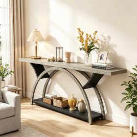 2-Tier Console Table 70.9 Inch Entryway Table with Half Moon Frame Living Room Decor Hallway Table Wood TV Stand Living Room Decor (colors: Gray)