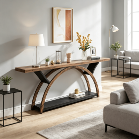 2-Tier Console Table 70.9 Inch Entryway Table with Half Moon Frame Living Room Decor Hallway Table Wood TV Stand Living Room Decor (colors: Brown)