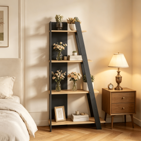 Modern 4-Tier Wooden Bookshelf Vertical Display Compact Bookcase for Small Spaces Home Office Decor (Color: Gray + Natural)