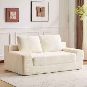 Loveseat Sofa, Comfortable Deep Seat Sofa Bed, Modern Small Corduroy Couch for Living Room Bedroom,Reversible Cushion with Pillows (Color: White)