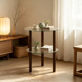 2-Tier round End Table Clear Tempered Glass Top Shelf Living Room Coffee Table Modern Minimalist Style Home Decor (Color: Clear & Brown)