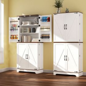 75" Tall Kitchen Pantry, Farmhouse Storage Cabinet with Barn Doors, Organizer, Drawer and Adjustable Shelves, Rustic Wood Cupboard for Kitchen (Color: White)