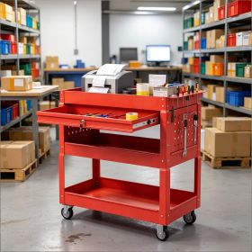 3 Tier Rolling Tool Cart Garage Workshop Lockable Drawer Storage Organizer Metal Wheels for Easy Transport (Color: Red)