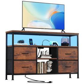 TV stand, 4 drawers, with LED lights and power sockets, 50-inch TV living room furniture, with open shelves and adjustable feet (Color: Brown)