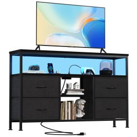 TV stand, 4 drawers, with LED lights and power sockets, 50-inch TV living room furniture, with open shelves and adjustable feet (Color: Black)