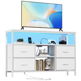 TV stand, 4 drawers, with LED lights and power sockets, 50-inch TV living room furniture, with open shelves and adjustable feet (Color: White)