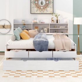 Full Size Wooden Captain Bed with Built-in Bookshelves, Three Storage Drawers and Trundle (Color: White)