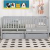 Twin Size Wood Daybed with Fence Guardrails and 2 Drawers, Split into Independent Floor Bed & Daybed