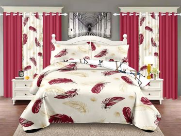 Quilted Bedspread & Curtain Set 9 Piece, Queen Size - Bedding Ensemble with Sheer Filtering Drapes, 1.6" Grommet Top, Machine Washable (Color: Red, size: cal king)