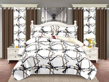 Quilted Bedspread & Curtain Set 9 Piece, Queen Size - Bedding Ensemble with Sheer Filtering Drapes, 1.6" Grommet Top, Machine Washable (Color: Brown, size: Queen)