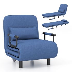 3-in-1 Convertible Sofa Bed with 5-Position Adjustable Backrest and Lumbar Pillow (Color: Blue)