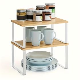 2 Pack Adjustable Stackable Wood Storage Shelves, Multi Purpose Countertop Organizer Rack for Kitchen, Spice, Bathroom and Pantry (Color: White)