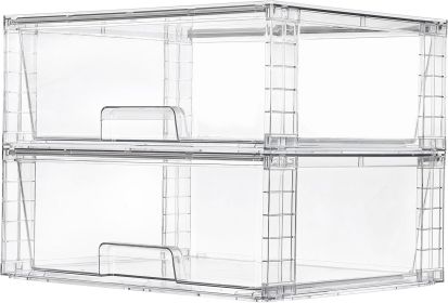 2 Pack Large Stackable Storage Drawers,Easily Assemble Clear Acrylic Bathroom Closet Undersink Organizers,Plastic Storage Bins for Cabinet (Pack Size: 1 Pack)