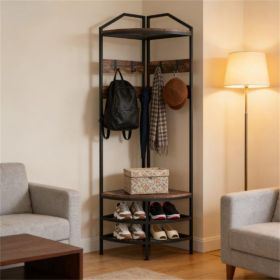 Corner shelf, clothes hanger with shoe cabinet, clothes hanger (Color: Rustic Brown)