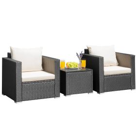 3 Pieces Patio Wicker Conversation Set with Cushion (Color: White)