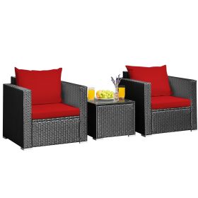 3 Pieces Patio Wicker Conversation Set with Cushion (Color: Red)