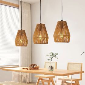 7" Set of 3 Rustic Hemp Rope Pendant Light, Handcrafted Farmhouse Hanging Light Fixture, Adjustable Height Ceiling Lamp for Kitchen Island (Color: Wood, Material: Iron)