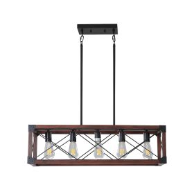 32" Red Wood Industrial Farmhouse Rectangle Pendant Light, 5-Light Chandelier for Dining Room, Kitchen Island, Cafe Decor (No Bulbs) (Color: Black,Red, Material: Iron)