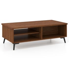 2-Tier Mid Century Modern Coffee Table with Storage Shelves Compartments (Color: walnut)