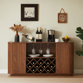 58" Modern Wavy Curve Sideboard-Multifunctional storage cabinet with wine rack and glassware holder (Color: walnut)
