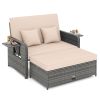 Patio Wicker Loveseat Sofa with Multipurpose Ottoman and Retractable Side Tray