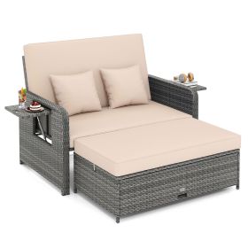 Patio Wicker Loveseat Sofa with Multipurpose Ottoman and Retractable Side Tray (Color: Beige)
