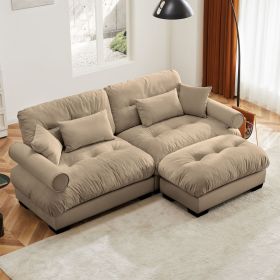 Over Size Modern Two-seater Sofa with Ottoman, Velvet 2-Seater with Round Bolster Armrests,With Waist Pillow and Throw Pillows (Color: as Pic)