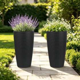 Set of 2 Faux Rattan Tall Planters Outdoor Indoor Large Planters with Water Level Monitor Inner Bucket, Automatic Watering (Color: as Pic)