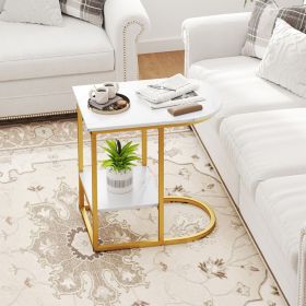 C-shaped Modern Sofa Side Table with Faux Marble Tabletop and Storage Shelf (Color: White)