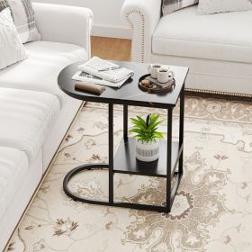 C-shaped Modern Sofa Side Table with Faux Marble Tabletop and Storage Shelf (Color: Black)