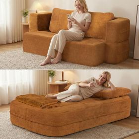 Convertible Sofa Bed with Blanket, Boneless Cloud Couch Queen Scott Fabric for Living Room Bedroom (Color: Brown)