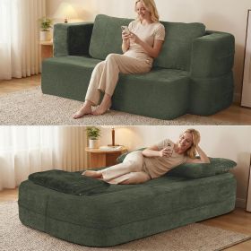 Convertible Sofa Bed with Blanket, Boneless Cloud Couch Queen Scott Fabric for Living Room Bedroom (Color: green)