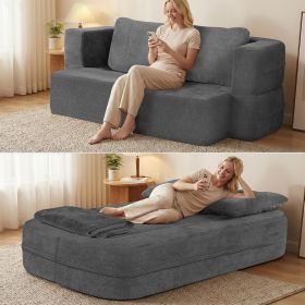 Convertible Sofa Bed with Blanket, Boneless Cloud Couch Queen Scott Fabric for Living Room Bedroom (Color: Grey)