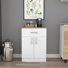Pantry Organizer Cabinet 33" H, 1 Drawer, 2 Interior Shelves, 2 Doors (Color: White / Light Oak)