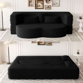 Modern Floor Sofa with 2 Pillows,Convertible Teddy Fabric Foam-Filled Sleeper Sofa Bed,15" Full Size Folding Mattress for Living Room,Guest Bed (Color: as Pic)