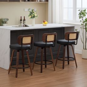 Set of 3 Counter Height Bar Stools - 26 inch Rattan Counter Height Stools with Cane Back, Upholstered Seat, Walnut Craftsmanship (Color: as Pic)