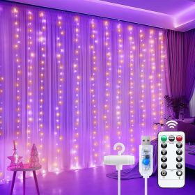 Curtain Lights, 300 LED Dimmable Fairy Lights with Remote and Timer, 8 Modes, USB Powered String Lights for Room Wall Party Xmas Indoor Decor (Color: Orange)