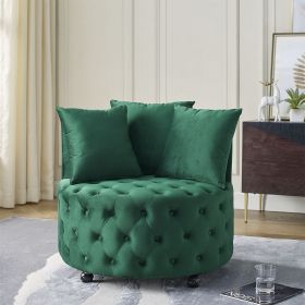 Velvet Upholstered Swivel Chair for Living Room, with Button Tufted Design and Movable Wheels, Including 3 Pillows, Green (Color: as Pic)