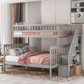 Twin over Full Stairway Bunk Bed with Storage (Color: gray)